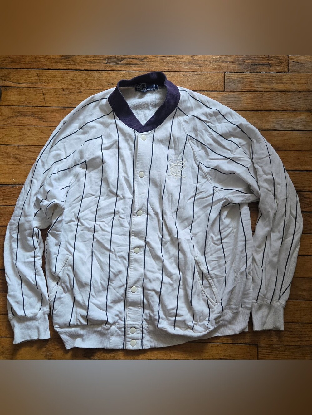 Vtg 80s Ralph Lauren Polo M Pinstripe Baseball Scribble Snap Up Sweatshirt
